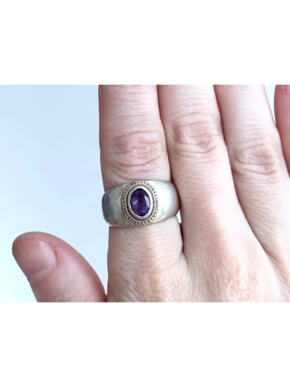 Solitaire Amethyst Gemstone Rope Framed Sterling Silver 925 Vintage Ring sz 7.5